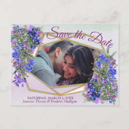 Geometrische Gold- und LavenderBlume Save the Date Ankündigungspostkarte