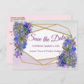 Geometrische Gold- und LavenderBlume Save the Date Ankündigungspostkarte (Vorne/Hinten)