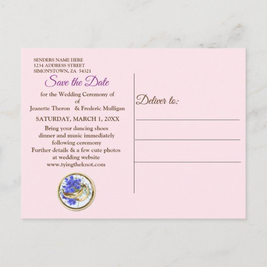 Geometrische Gold- und LavenderBlume Save the Date Ankündigungspostkarte (Rückseite)