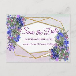 Geometrische Gold- und LavenderBlume Save the Date Ankündigungspostkarte