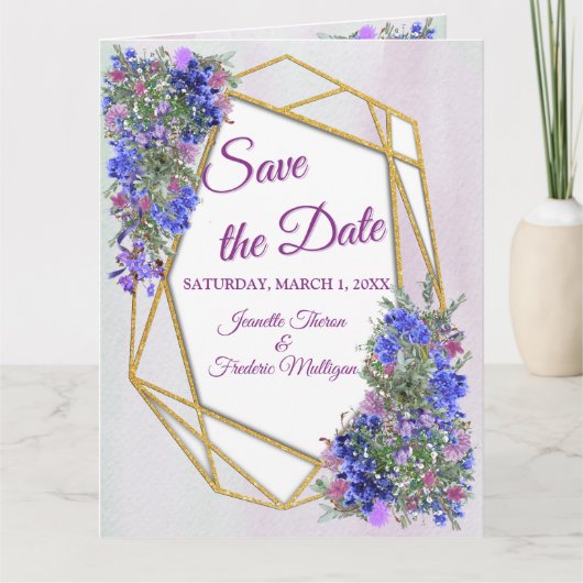 Geometrische Gold- und LavenderBlume Save the Date Karte (Vorderseite)