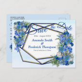 Geometrische goldene und blaue Blumen speichern di Ankündigungspostkarte (Vorne/Hinten)