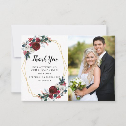 Geometrische Goldrahmen Burgundy Winter-Blume Dankeskarte (Vorderseite)