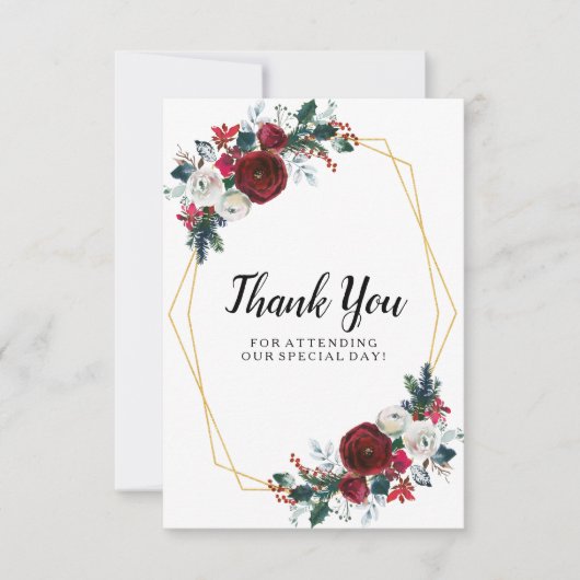 Geometrische Goldrahmen Burgundy Winter-Blume Dankeskarte (Vorderseite)