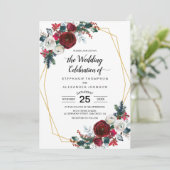 Geometrische Goldrahmen Burgundy Winter-Blume Einladung (Stehend Vorderseite)