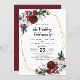 Geometrische Goldrahmen Burgundy Winter-Blume Einladung