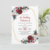 Geometrische Goldrahmen Burgundy Winter-Blume Einladung (Stehend Vorderseite)