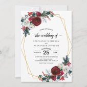 Geometrische Goldrahmen Burgundy Winter-Blume Einladung (Vorderseite)