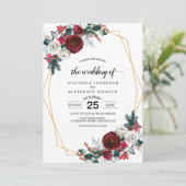 Geometrische Goldrahmen Burgundy Winter-Blume Einladung (Stehend Vorderseite)