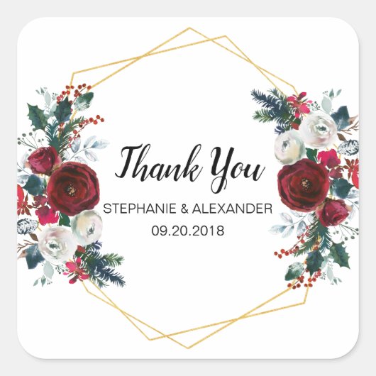Geometrische Goldrahmen Burgundy Winter-Blume Quadratischer Aufkleber (Vorderseite)