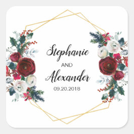 Geometrische Goldrahmen Burgundy Winter-Blume Quadratischer Aufkleber