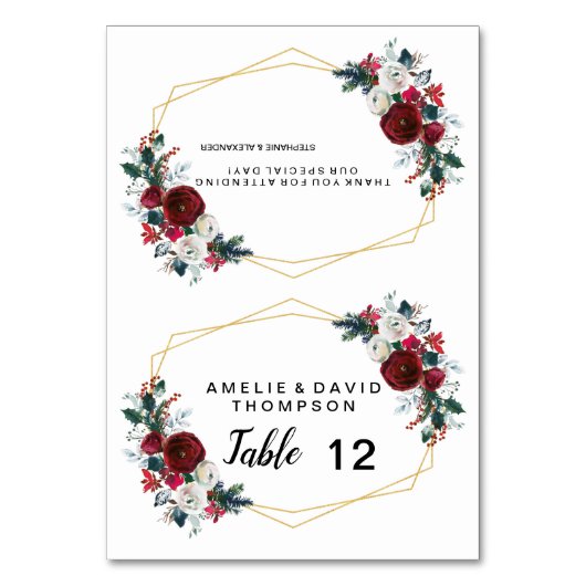 Geometrische Goldrahmen Burgundy Winter-Blume Tischnummer (Vorderseite)