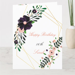 Geometrische Goldrahmen-lila Blumenkarte Geburtsta Karte