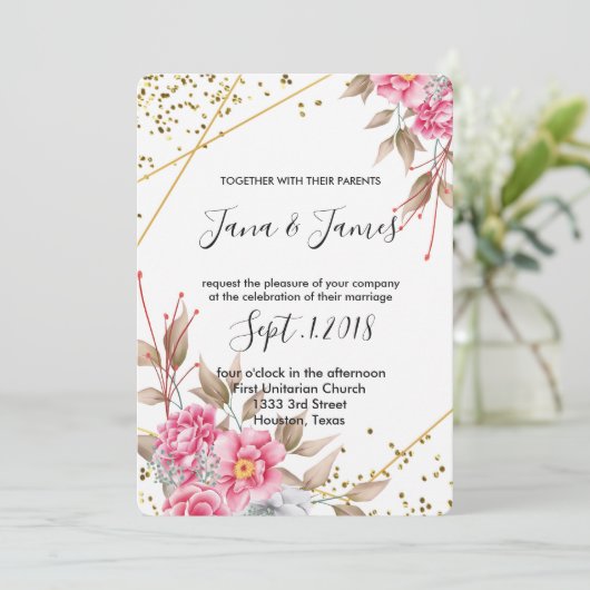 Geometrische Goldrahmen Rosa Blumenhochzeit Einladung (Stehend Vorderseite)