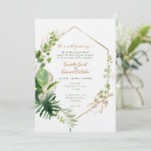 Geometrische Goldrahmen-tropische grüne Blätter Ho Einladung (Stehend Vorderseite)