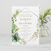 Geometrische Goldrahmen-tropische grüne Blätter Ho Einladung (Stehend Vorderseite)