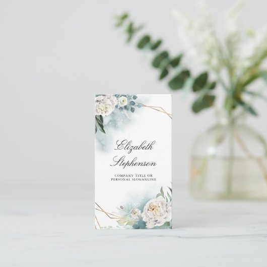Geometrische Goldrahmen und weiße Peonies Grünfläc Visitenkarte (Stehend Vorderseite)
