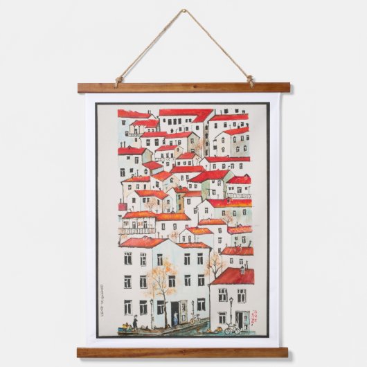 Geometrische Häuser Wandteppich Mit Holzrahmen (Vorderseite)