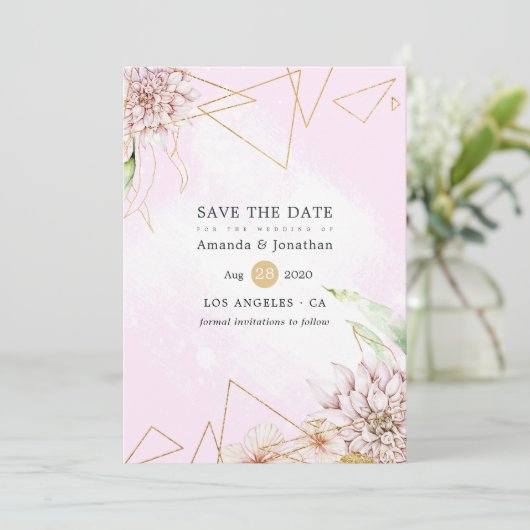 Geometrische Hochzeit in Rosa und Gold Save The Date (Stehend Vorderseite)