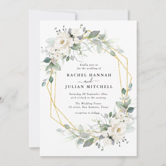 geometrische Hochzeit in Weiß und Gold Einladung (Vorderseite)