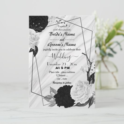 geometrische Hochzeit in Weiß und Schwarz Einladung (Stehend Vorderseite)