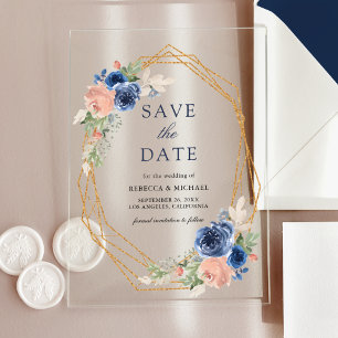 Geometrische Hochzeit mit rosafarbenem Navy-Rosa-B Acryleinladungen