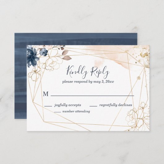 Geometrische Hochzeit RSVP in Marine, Gold und Ros (Vorne/Hinten)