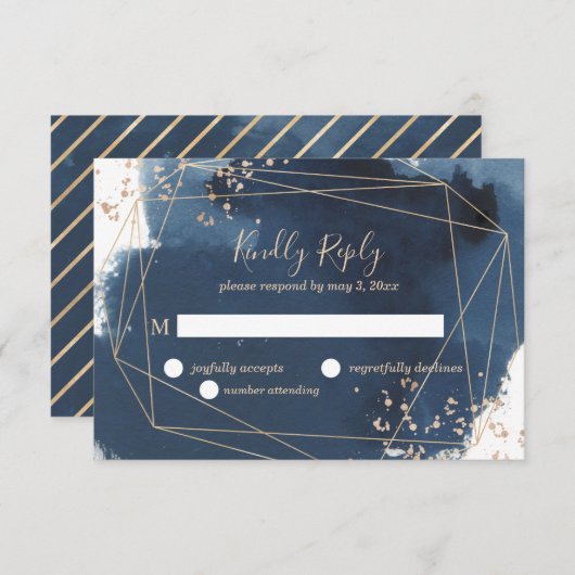 Geometrische Hochzeit RSVP in Marine und Gold (Vorne/Hinten)