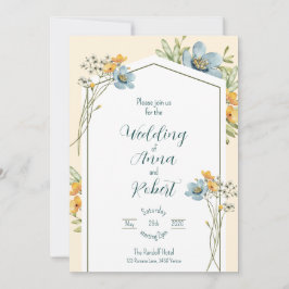 Geometrische Hochzeit von blauen und gelben Wildbl Einladung