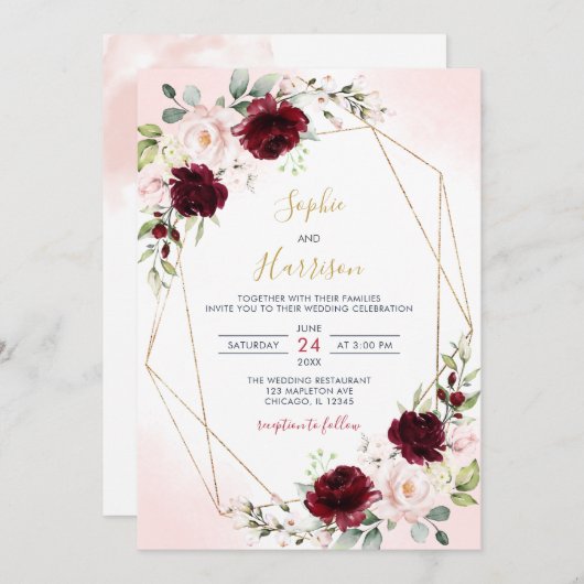 Geometrische Hochzeit von Burgund und Blush Einladung (Vorne/Hinten)