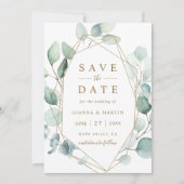 Geometrische Hochzeit von Gold Script Green Foliag Save The Date (Vorderseite)