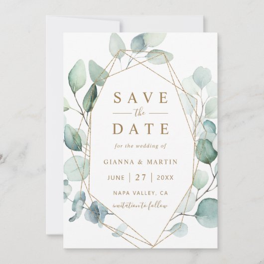 Geometrische Hochzeit von Gold Script Green Foliag Save The Date (Vorderseite)
