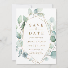 Geometrische Hochzeit von Gold Script Green Foliag Save The Date