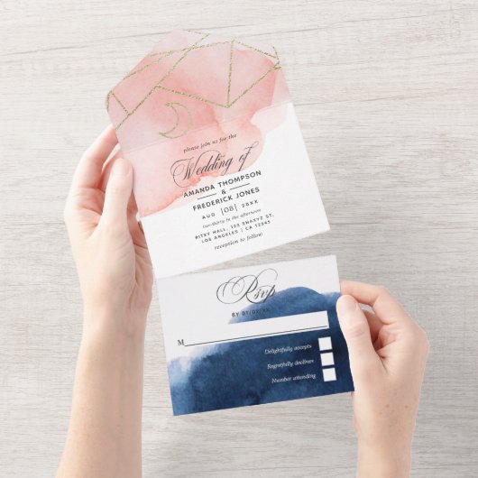 Geometrische Hochzeit von Navy und Blush All In One Einladung (Abreißen)