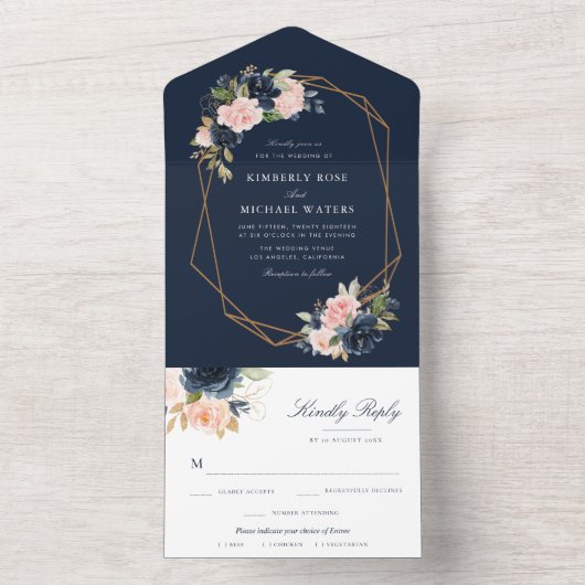 geometrische Hochzeit von Navy und Blush Blume All In One Einladung (Innen Boden)