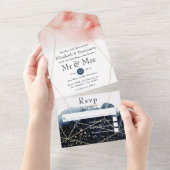 Geometrische Hochzeit von Navy und Blush Watercolo All In One Einladung (Abreißen)