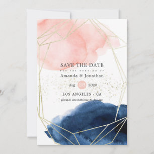 Geometrische Hochzeit von Navy und Blush Watercolo Save The Date