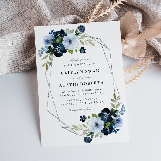 geometrische Hochzeit von Navy und Hellblau Einladung