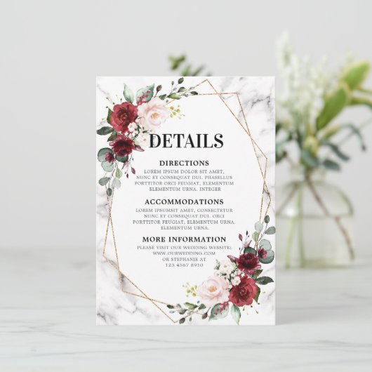 Geometrische Hochzeitsdetails aus Burgund-Floral-M Begleitkarte (Stehend Vorderseite)