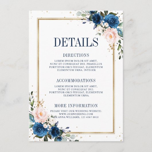 Geometrische Hochzeitsdetails in blau-blau-rosa Fa Begleitkarte (Vorderseite)