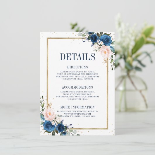 Geometrische Hochzeitsdetails in blau-blau-rosa Fa Begleitkarte (Stehend Vorderseite)