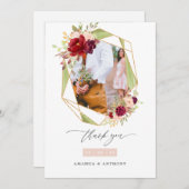 Geometrische HochzeitsfotoCollage aus Burgund und Dankeskarte (Vorne/Hinten)