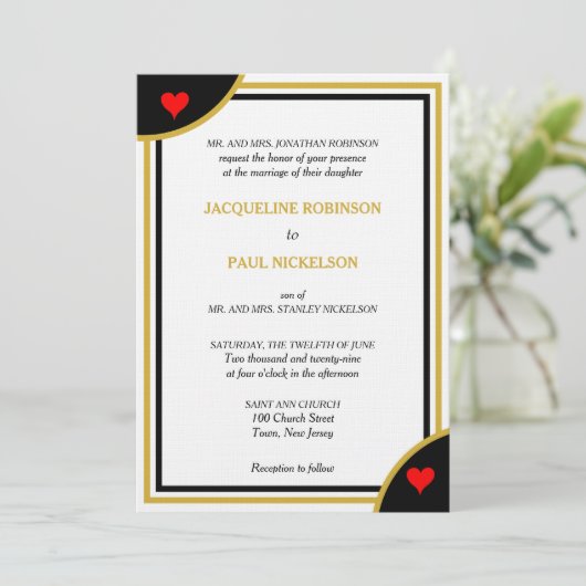 Geometrische Hochzeitsrote Herzen in Gold Black Mo Einladung (Stehend Vorderseite)