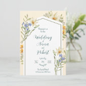 Geometrische Hochzeitsskala der Wildblumen Weiß un Einladung (Stehend Vorderseite)