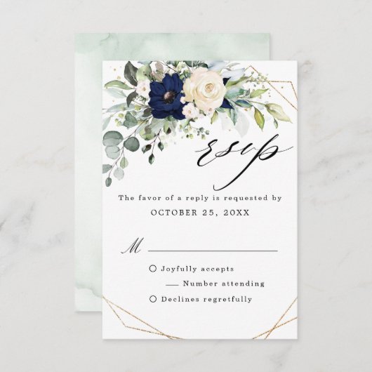 Geometrische Hochzeitsstimmung im Navy Blush Flora RSVP Karte (Vorne/Hinten)