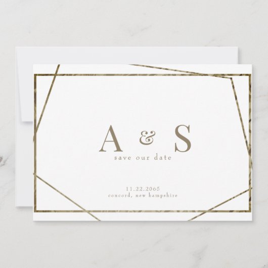Geometrische Hochzeitung mit Goldtext-Monogramm sp Save The Date (Vorderseite)