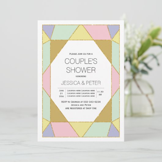 Geometrische Juwelenfarbe Hochzeitspaare Dusche Einladung (Stehend Vorderseite)