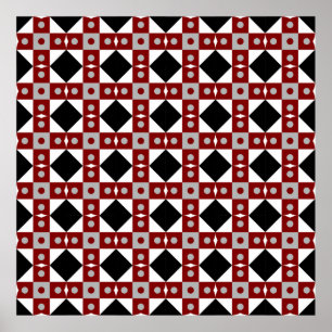 Geometrische Kachel in Rot, Schwarz und Weiß Poster