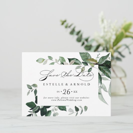 Geometrische Kalligrafie Grüne horizontale Hochzei Save The Date (Stehend Vorderseite)