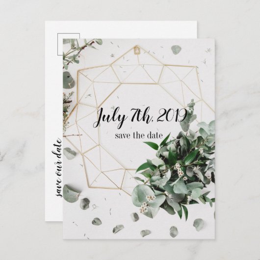 Geometrische Laub-Save the Date Postkarten (Vorne/Hinten)